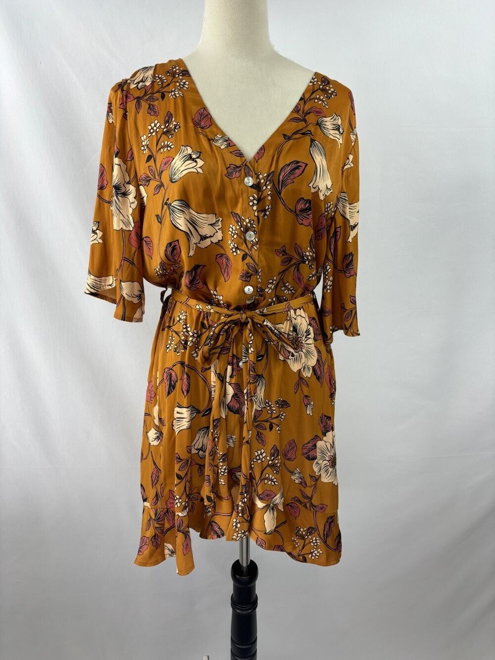 Saltwater Luxe Floral Shirt Dress Mustard Yellow Gold Medium Belted Mini